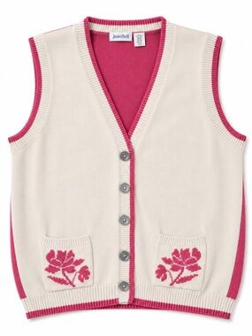 Vintage 90s Jean Bell Cream Pink Floral Sweater Vest Cardigan L
